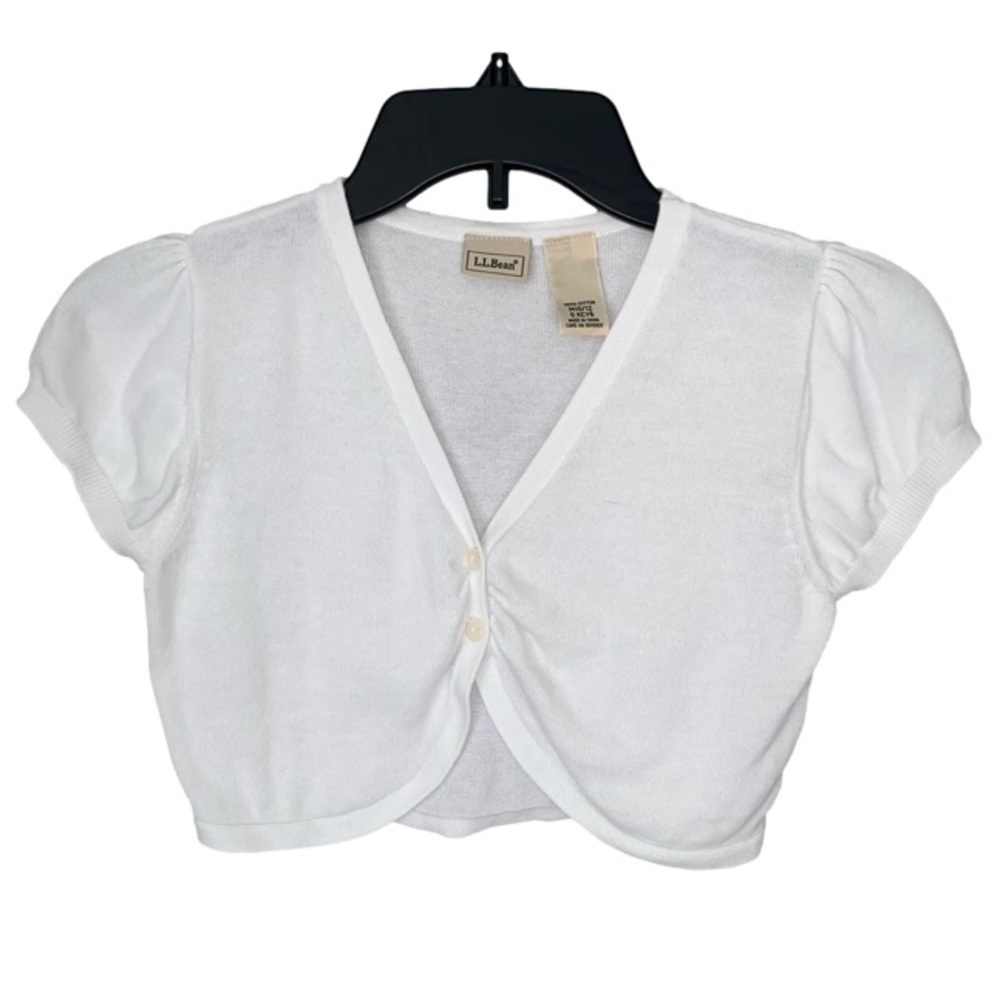 L.L. BEAN Shrug Top 2 Button Knit Short Sleeves White Girls Size M 10/12